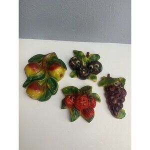 Vintage Anthropomorphic Fruit Chalkware Plaster Faces Set Of 4 Wall Hanging